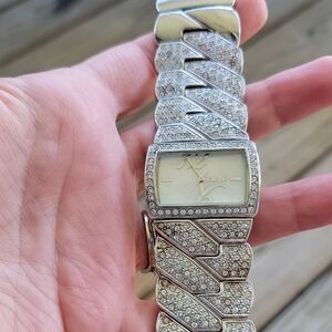 DKNY Silver Art Deco Watch with Crystal Accents
